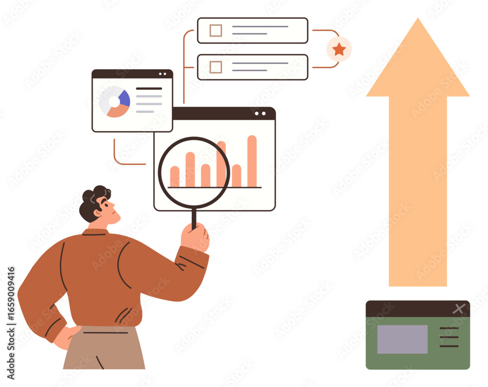 Poster man investigates analytics on digital dashboards and task lists with an upward arrow symbolizing pro