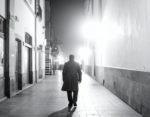 A black and white photo of a man walking down a dimly lit sidewalk at night in the city. 