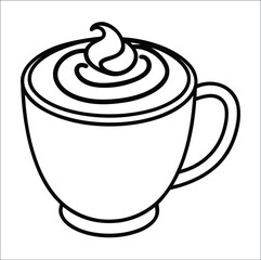 Coffee Cup Line Art Icon  Black and White Vector Illustration of Hot Beverage with Cream or Foam in Mug