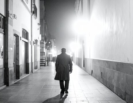A black and white photo of a man walking down a dimly lit sidewalk at night in the city.