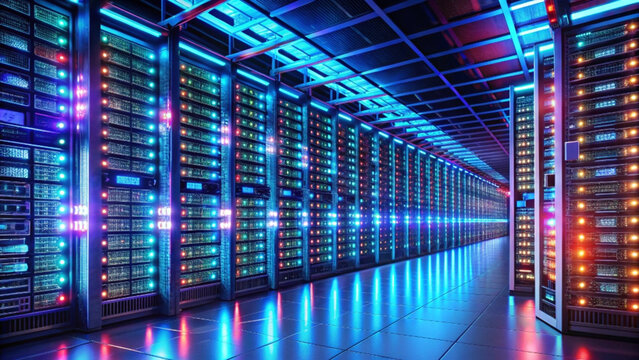 Large data center with rows of computer servers and colorful lights - Powered by Adobe