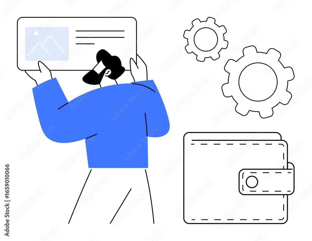 Poster man interacting with a digital card interface, surrounded by settings gears and a wallet icon. ideal