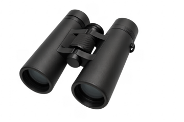 Modern black binoculars isolated on transparent background