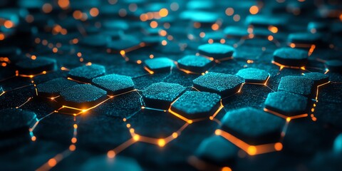 Obraz premium Futuristic Hexagonal Pattern with Glowing Orange Edges in Dark Blue Setting