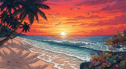 Tropical Sunset Beach Scene with Palm Trees and Coral Reef