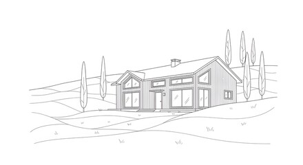 Fototapeta premium Modern House Sketch with Large Windows on Rolling Hills