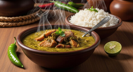 A bowl of locro with meat and rice served with a lime and green chili on a wooden table top view