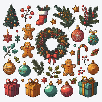Christmas decorations and balls. Wreath, gifts, branches spruce, berries, gingerbread. Flat vector illustration