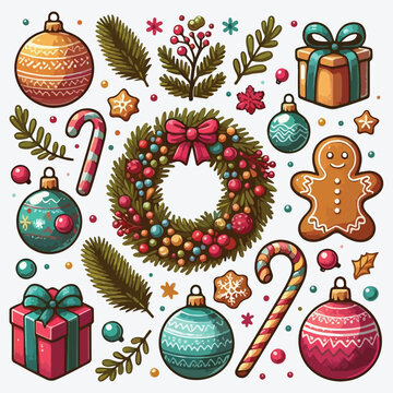 Christmas decorations and balls. Wreath, gifts, branches spruce, berries, gingerbread. Flat vector illustration