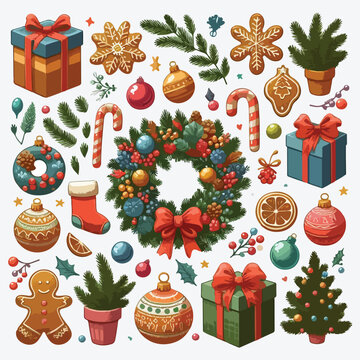 Christmas decorations and balls. Wreath, gifts, branches spruce, berries, gingerbread. Flat vector illustration