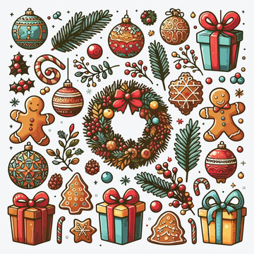 Christmas decorations and balls. Wreath, gifts, branches spruce, berries, gingerbread. Flat vector illustration