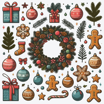 Christmas decorations and balls. Wreath, gifts, branches spruce, berries, gingerbread. Flat vector illustration