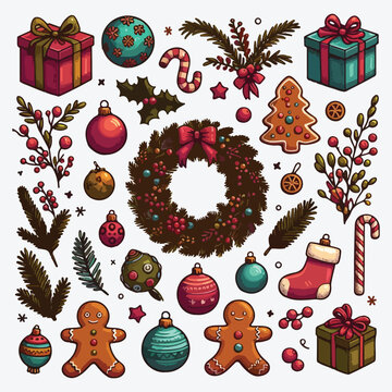 Christmas decorations and balls. Wreath, gifts, branches spruce, berries, gingerbread. Flat vector illustration