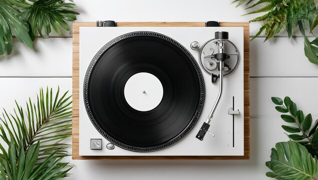 Minimalist Vinyl Record Player Mockup with Blank White Cover, Black Vinyl Disc, and Green Plant in Wooden Box on Light Background, Top View Flat Lay
