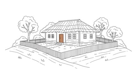 Obraz premium Rural House Line Art Sketch with Wooden Fence and Brown Door