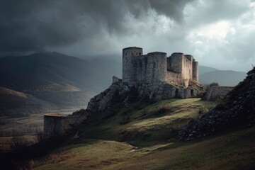 Fototapeta premium Ancient stone castle atop a hill, dramatic sky
