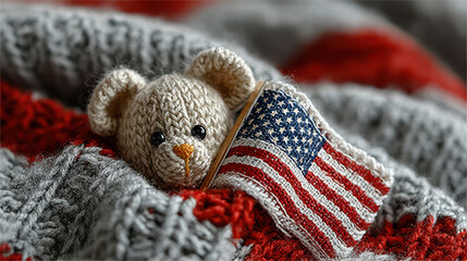 Knitted Teddy Bear with an American Flag