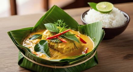 Thai fish amok curry served in banana leaf bowl with rice and lime on a wooden table top