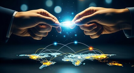 Global money transfer and fintech concept. Hands exchanging a holographic coin over a glowing world map with network connections between continents.