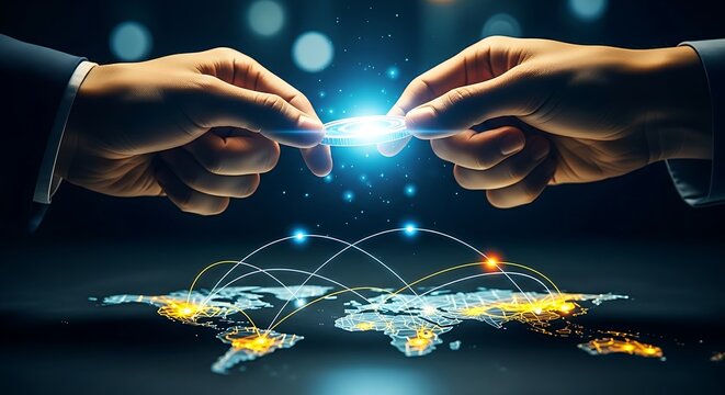 Global money transfer and fintech concept. Hands exchanging a holographic coin over a glowing world map with network connections between continents.