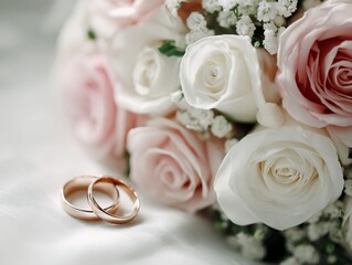 Gold Wedding Rings and Rose Bouquet