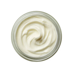 Creamy white substance in a glass jar overhead view