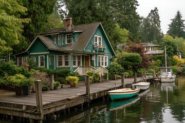 Fototapeta premium Green House on Canal with Wooden Dock and Boats