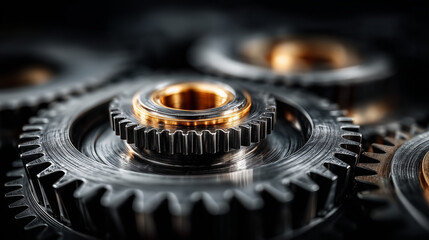 Abstract Geometric Gear Composition with Metallic Gradient Lighting Effects, Intricate Mechanism Design Artwork