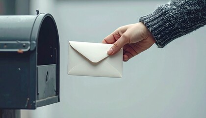 A hand carefully places a crisp white envelope into a classic mailbox, symbolizing the timeless act of sending a letter and connecting through correspondence.