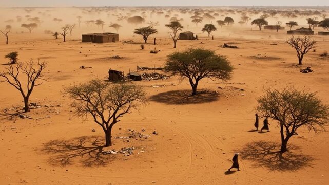 Arid landscape with scattered trees structures and figures Dusty atmosphere