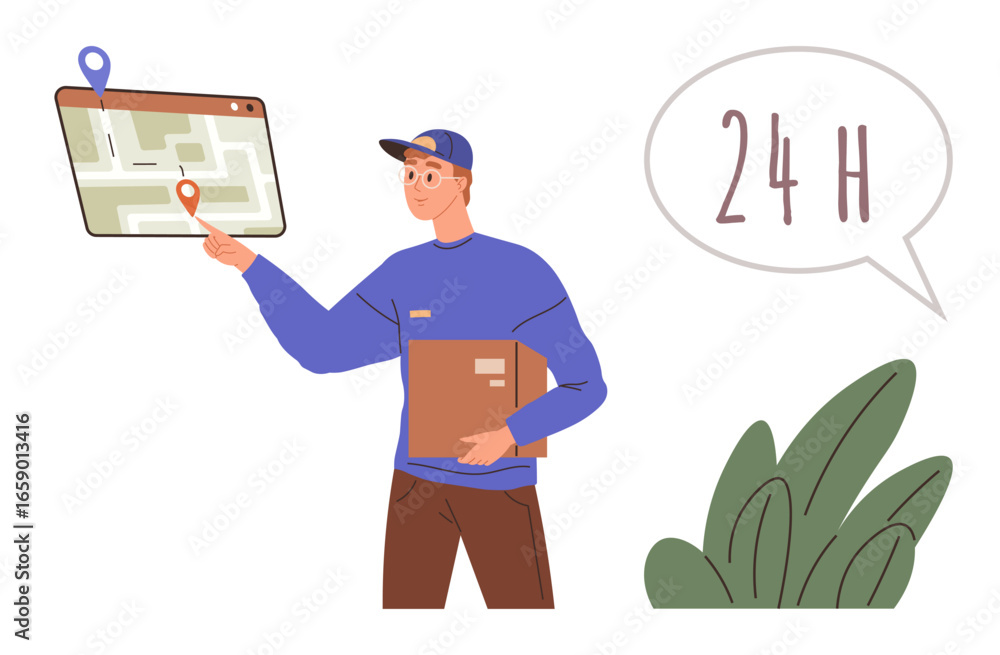 Poster courier holding a package while pointing at a digital map with location pins. speech bubble indicate