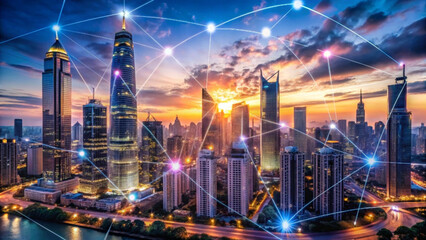 City skyline at sunset with modern skyscrapers and network connections