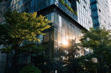 Modern glass building reflecting sunlight amid lush green trees in an urban environment