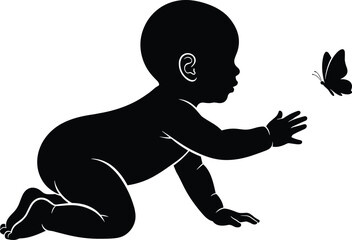 Silhouette of crawling baby, reaching butterfly, symbol of curiosity, growth, innocence, toddler vector, black and white child illustration