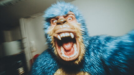 Man in homemade monster mask and costume looking straight at camera taking selfie. Halloween costume. Holiday fun concept. Different monster costumes for Halloween. Retro vintage photo.