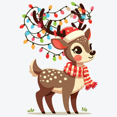 Christmas deer. Cartoon reindeer with new year lights garland. stock illustration