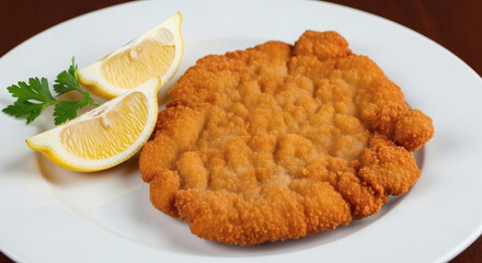 A plate of schnitzel with lemon wedges and parsley garnish on a white ceramic plate surface top view