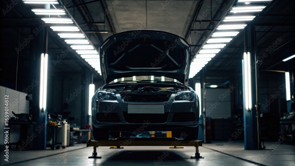 Poster a car with its hood open is prominently displayed in a dimly lit garage, highlighting the mechanics 