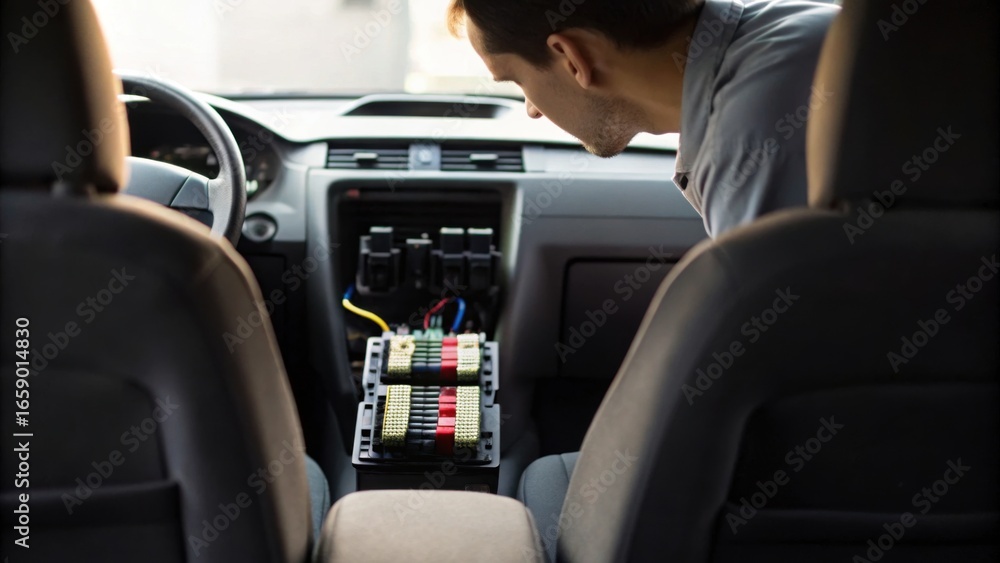 Poster a man inspects the fuse box in a car, focusing on electrical components and diagnostics within the v