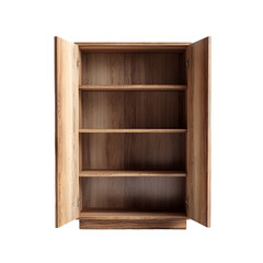 Empty wooden cabinet with open doors and shelves
