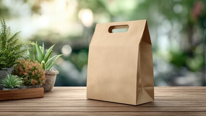 Brown paper bag on wooden table, blurred nature background