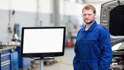A technician in a blue uniform stands beside a blank monitor in an automotive workshop, equipped with safety goggles, ready for a task.
