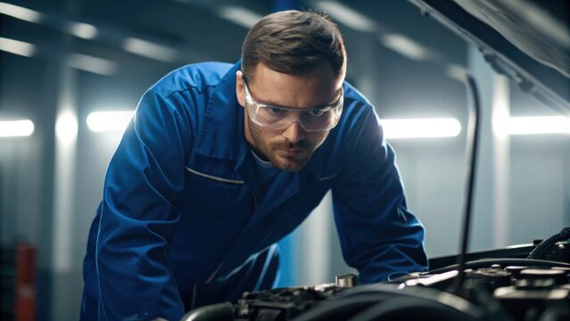 A mechanic in blue coveralls, focused on inspecting an engine under a vehicle's hood in a well-lit garage setting.