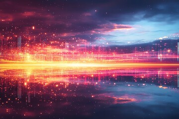 Fototapeta premium Futuristic Cityscape at Night with Bright Lights and Reflection in Water