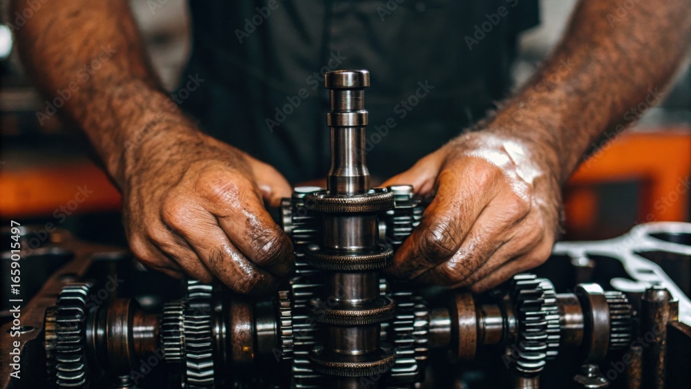 Poster a mechanic works on intricate machinery, showcasing skilled hands and detailed gears in a workshop s
