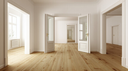 A minimalist living room with clean lines, white walls, and wooden floors, exuding simplicity.