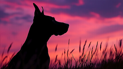 A dog is sitting in a field of tall grass at sunset