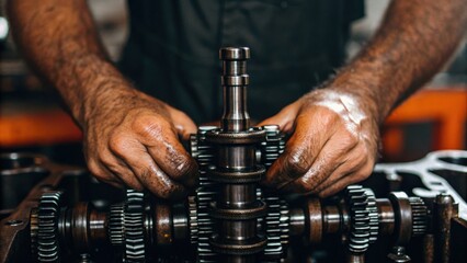 A mechanic works on intricate machinery, showcasing skilled hands and detailed gears in a workshop setting.