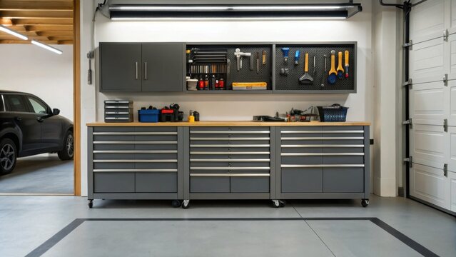 A modern garage workshop featuring organized tool storage, a spacious workbench, and a clean, functional design.