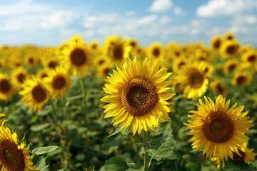 Sunny sunflower field under a partly cloudy sky